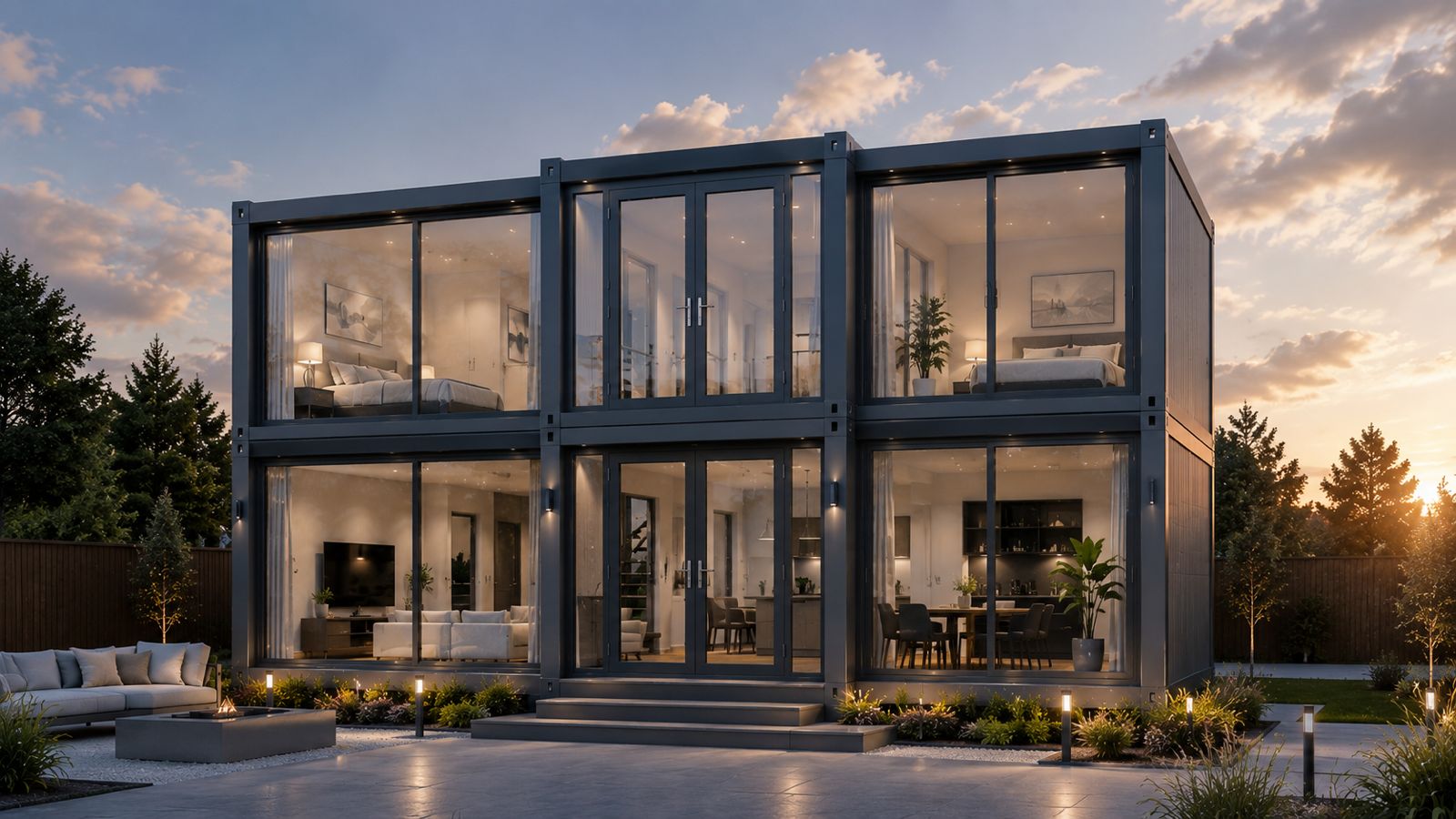 FoldLiving containerwoning met grote glazen gevels bij schemering